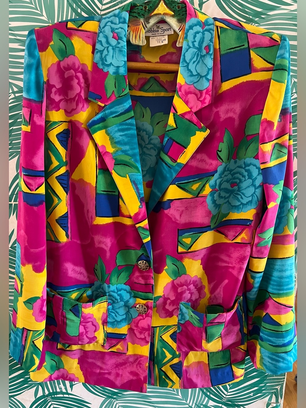 Vintage 80’s blazer by Robbie Sport abstract floral in bright pink, yellow, blue
